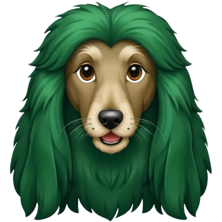 dark green dog extra furry afghan hound. The dog fur is totally dark green emoji