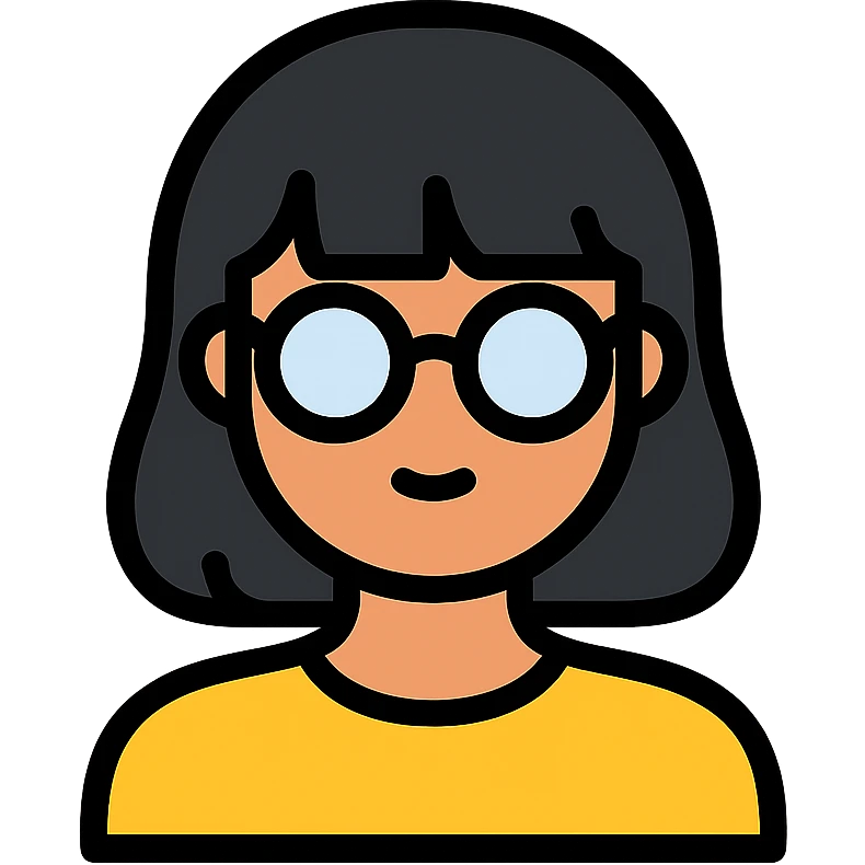 mujer con pelo negro, flequillo y gafas icono color outline emoji