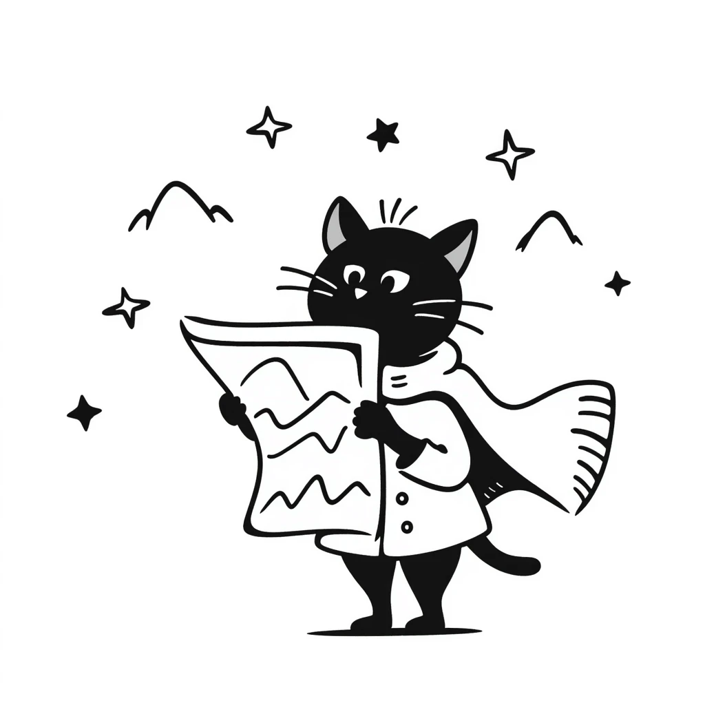 Adventurous cat explorer studying a map, mountains and stars in background, light clothing and cloak flowing in the wind, looking thoughtfully into the distance emoji