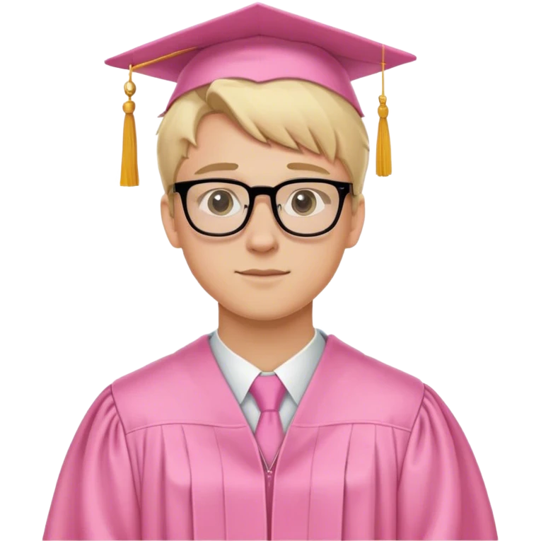 A blonde-haired young white man, wearing glasses, in the middle of his graduation with a pink theme emoji