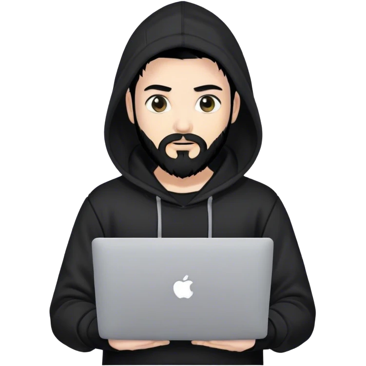 hackeur blanc cheveux noir barbe et capuche noir avec un macbook emoji