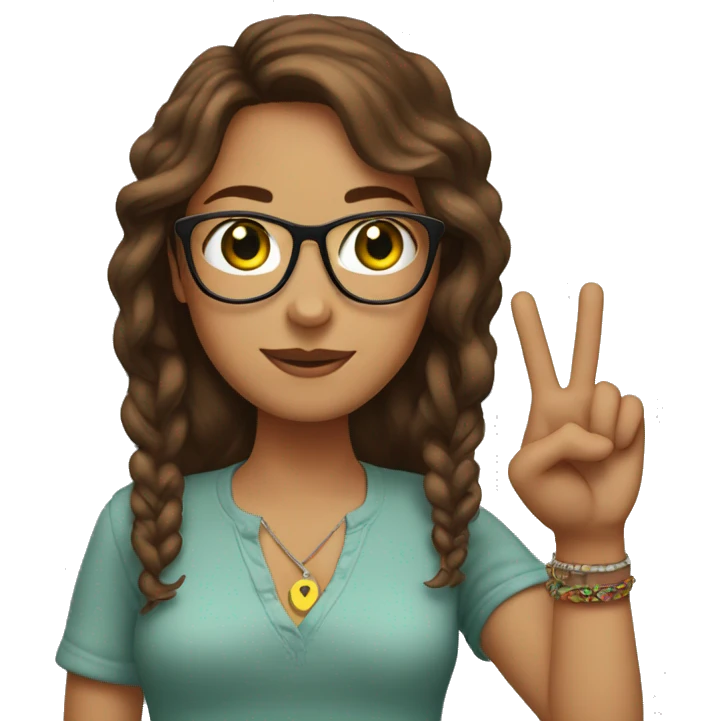 A white women with brown hair emoji with glasses, green eyes and doing the peace sign with bracelets around her wrists emoji