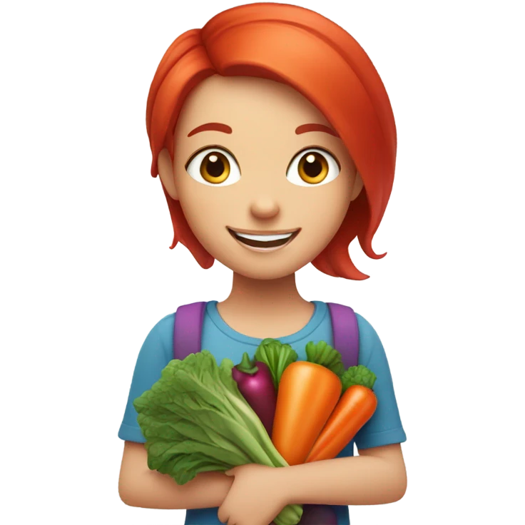 smiling girl with blue eyes red hair holding vegetables emoji
