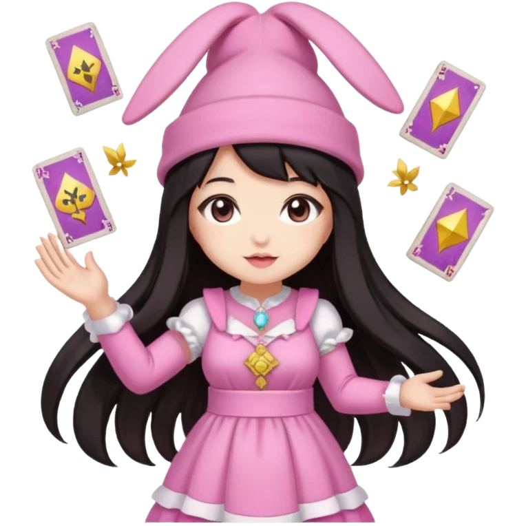 pixel art chibi asian girl with dark long hair in pink bunny hat magical girl with tarot cards thrown in air pixel emoji emoji