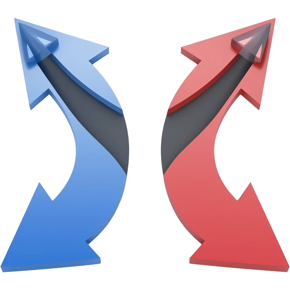 Minimalist flat design icon of two arrows pointing in opposite directions, separated and moving apart, representing political division and radicalization, modern style, soft gradient (red and blue), no text emoji