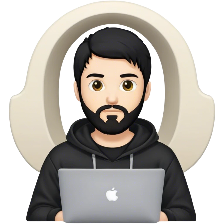 hackeur blanc cheveux noir barbe et capuche noir avec un macbook emoji