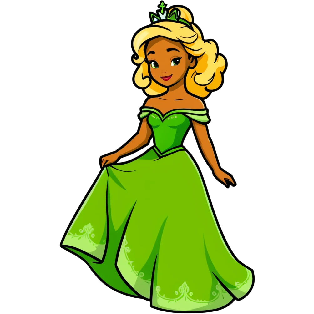 Disney Princess Tiana with super long blonde curly hair, green princess dress emoji