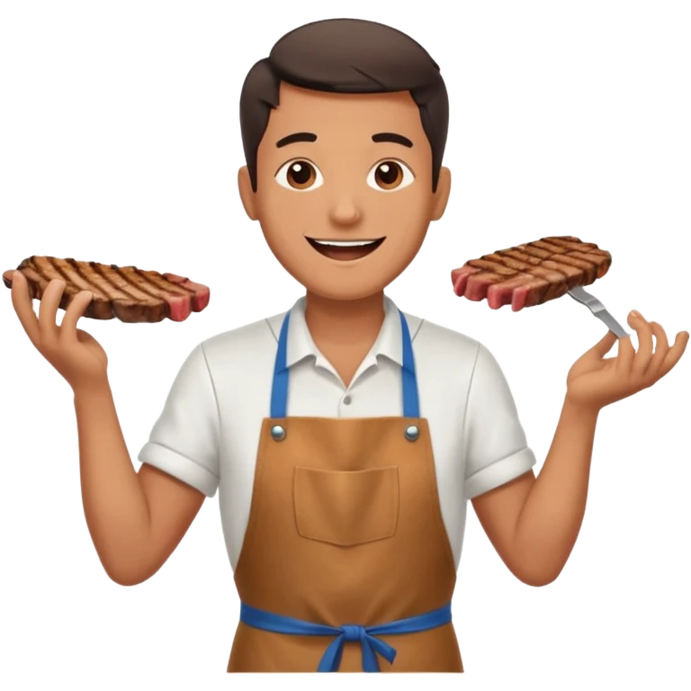 A cheerful man in an apron flipping meat on a sizzling grill with smoke puffing upward. emoji