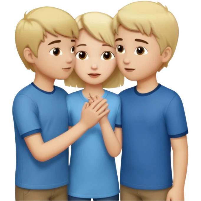 iOS emoji style.
One girl, two boys.
The girl is holding hands with one boy and kissing the other boy at the same time.
Both boys are male, one blond, one brunette.
All characters are human, not female duplicates. emoji