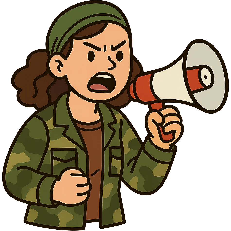 flat toon style woman with green headband, camo jacket, holding a megaphone, angry expression emoji
