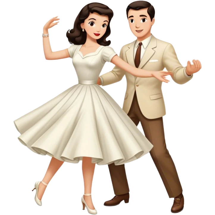Beautiful woman in 1950’s woman fashion look, white dress, long dark brown hair, balboa couple dance  emoji
