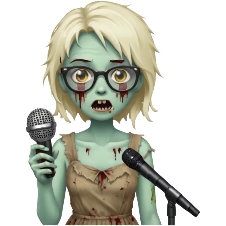 singer, Zombie girl, super happy, wearing dress, holding mic, glasses emoji