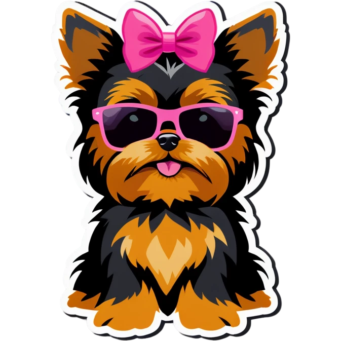 Yorkie with a pink bow in hair with sunglasses emoji