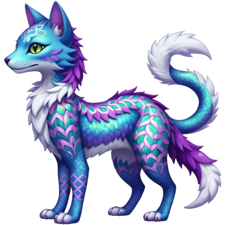Kawaii iridescent beautiful pretty elegant divine edgy fantasy feline-vernid-sergal-fursona-animal-creature with accessories, full body with intricate patterns emoji