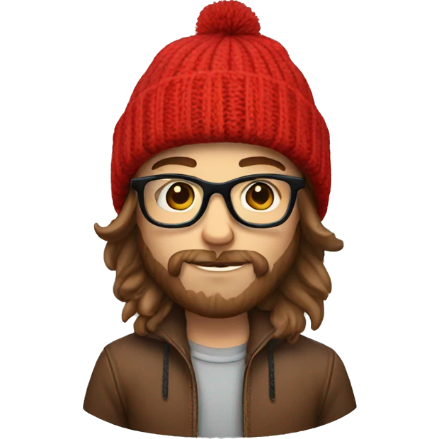 a hipster with brown hair, glasses, a beanie, with a red jacket on emoji