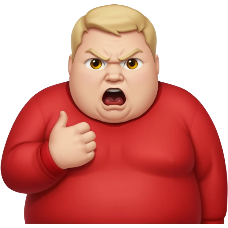 obese man angry, bulging eyes, shouting, 'PRONOUNS' at the top, Apple emoji style emoji