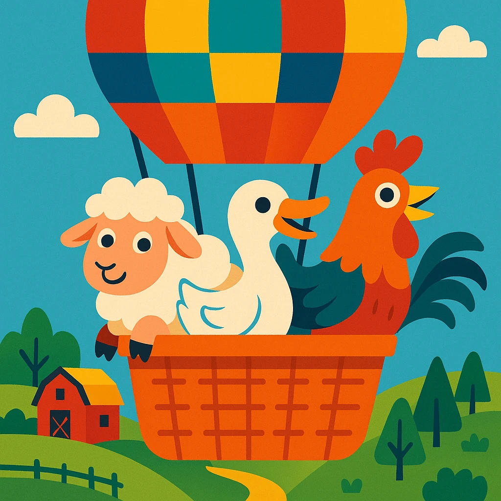 a group of farm animals (sheep, duck, rooster) together in a hot air balloon, playful style, vibrant toon illustration emoji