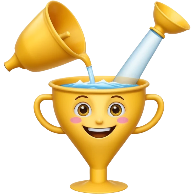 Crazy laughing emoji with an upside-down kitchen funnel on its head (not a hat), wide smile, big eyes, cartoon emoji style, bright colors. emoji
