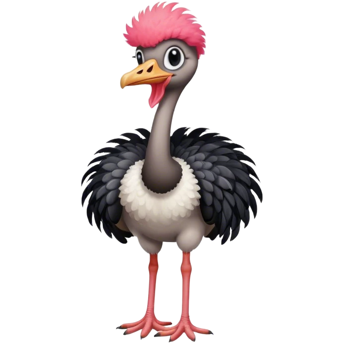 An ostrich with black and white feathers on the body, tufty head feathers, pinkish-red neck, and red legs. emoji