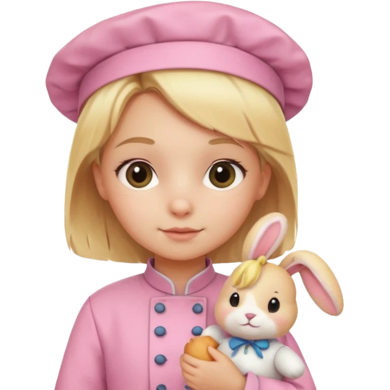 girl kid italian chef, blonde,  pink uniform, holding plush rabbit emoji