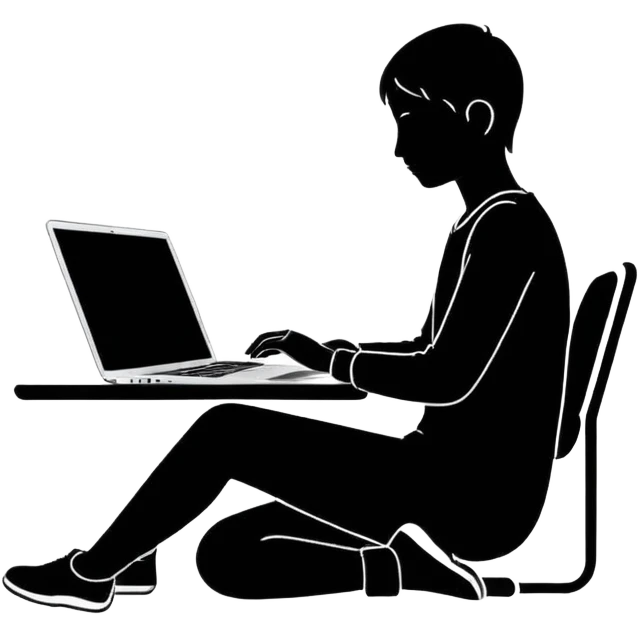 Minimalistic flat vector icon, iOS style, thin black contour on white background. Person silhouette sitting with a laptop, code brackets <> on the screen. Clean, no te emoji