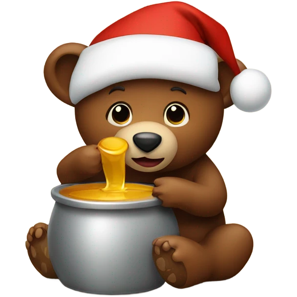 Brown bear wearing a Christmas hat eating a pot of honey emoji