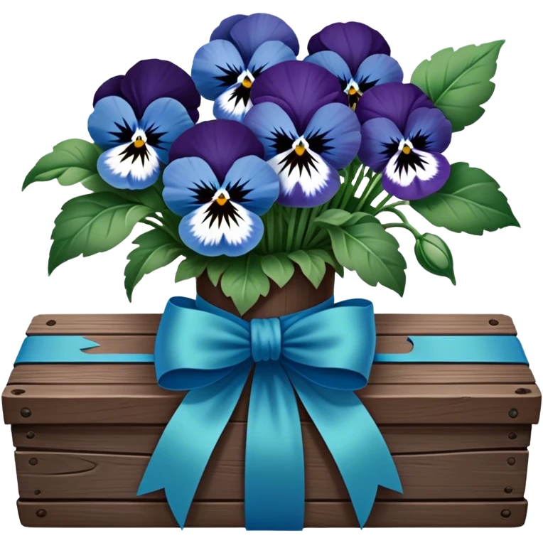 A beautifully tied deep green ribbon wrapped around a bouquet of soft blue pansies, displayed on an antique wooden table. emoji