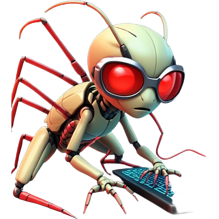 A tiny, mischievous cyber bug with glowing red eyes crawling across tangled neon code lines on a futuristic black terminal screen, holding a broken line of code in its pincers. The bug wears glitchy sunglasses and leaves behind pixelated error symbols (like ⚠️ and ❌) as footprints. Background filled with digital sparks and warning pop-ups hovering mid-air. Cartoon emoji style, vibrant and playful yet chaotic emoji