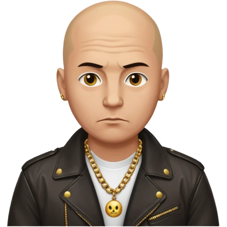 Bald Russian 1990s gangster emoji, leather jacket, gold chain, serious face emoji
