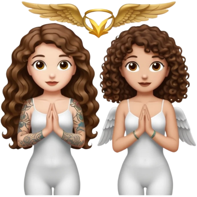 fake angel pose — long wavy brown hair tattooed woman and short tight curly brown hair woman — halo sparkle emoji