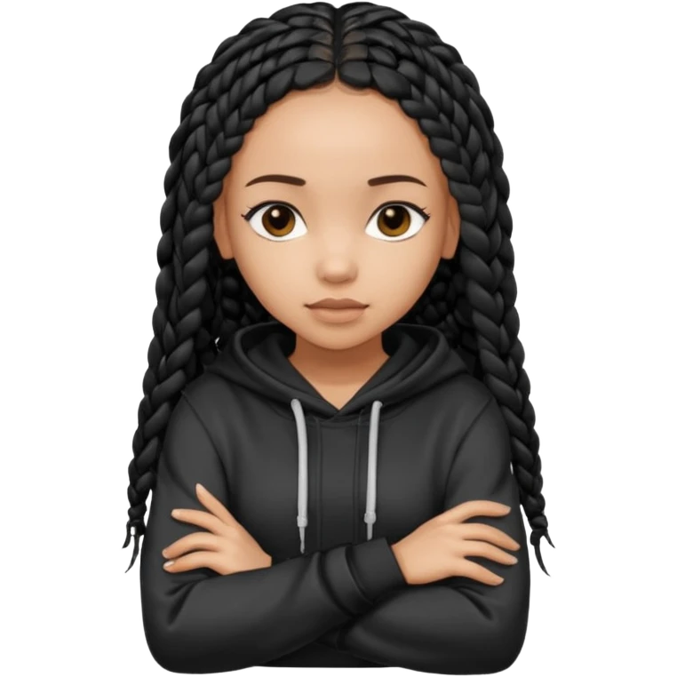 African American light skin girl with long black box braids wearing a plain black hoodie  with arms folded emoji