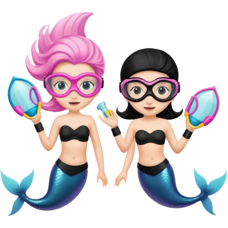 2 Mermaids one wearing a light pink snorkel mask and the other wearing black snorkel mask emoji