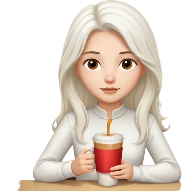 white long haired brunette with brown eyes and a white outfit, drinking a caramel machiatto emoji