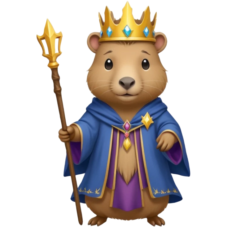 A mystical queen Capybara wearing a wizard robe and a wand emoji
