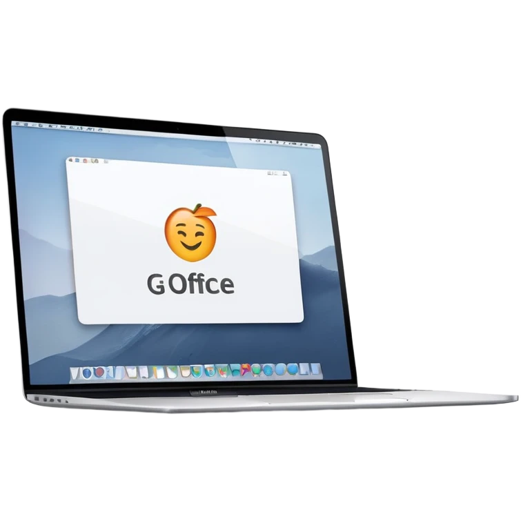 a macbook with a screen saying "GG–OFFICE" emoji