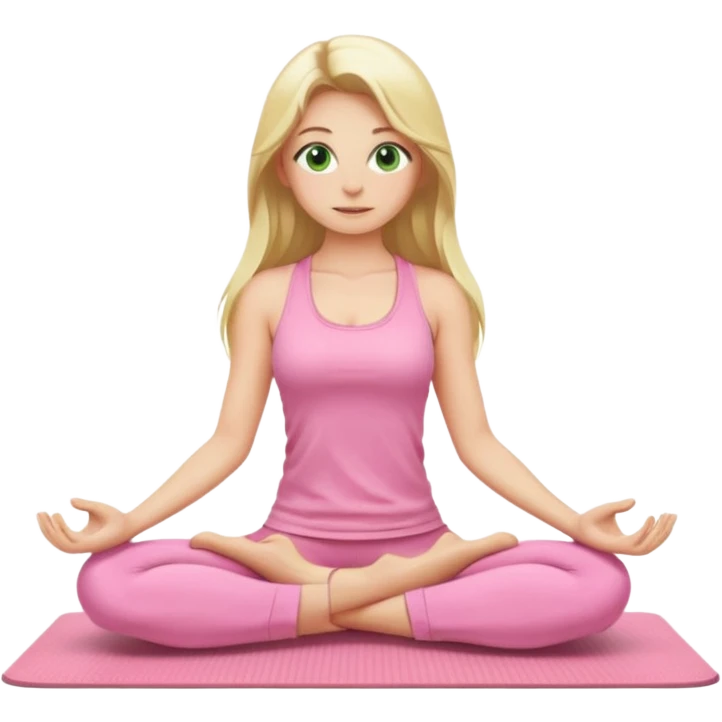yoga girl with blonde long hair, green eyes, light pink clothes, sitting on a yoga mat with hands on knees, emoji style emoji