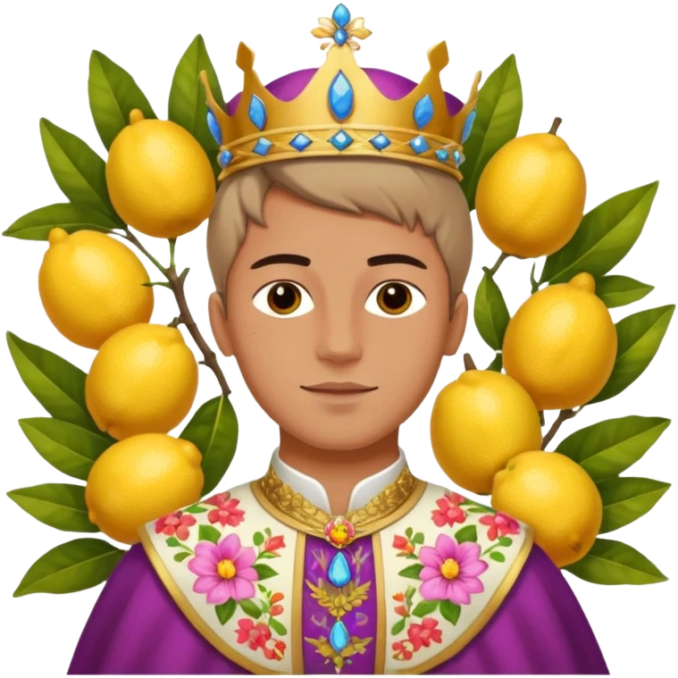 attractive young man and the Queen of the Huerta 2024 in Murcia, dressed in regional costumes, surrounded by flowers and lemons emoji