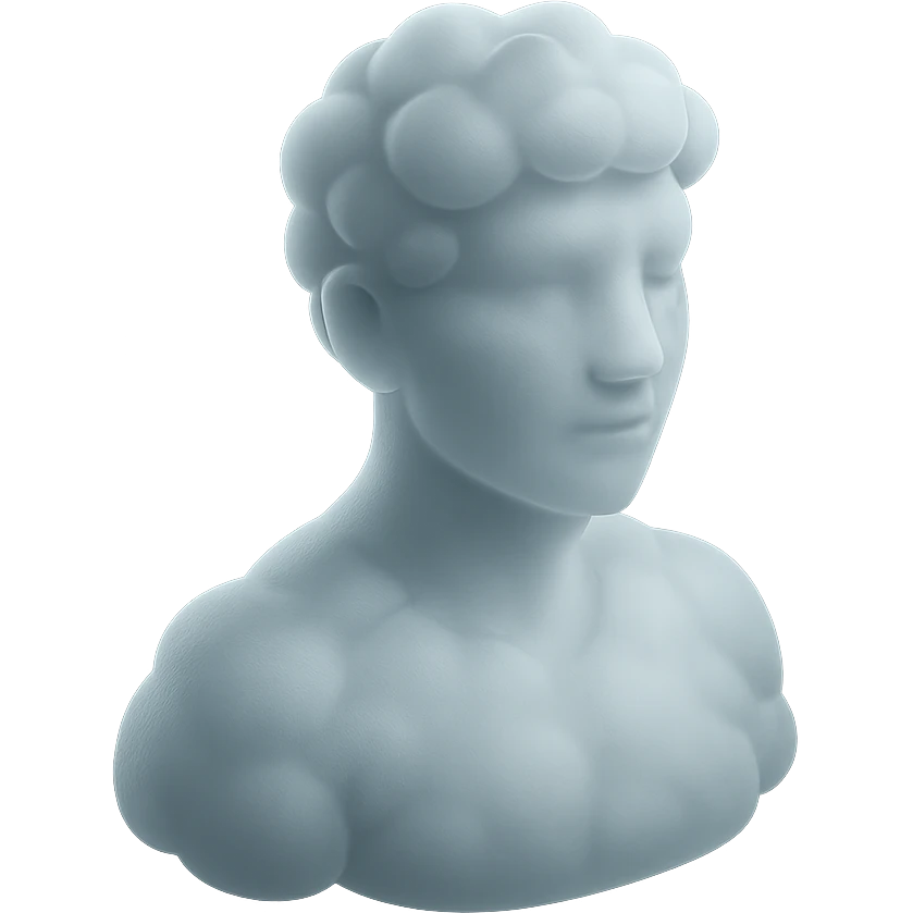 person looking straight, fully made of white fluffy convex clouds, shoulder up, matte glass style emoji