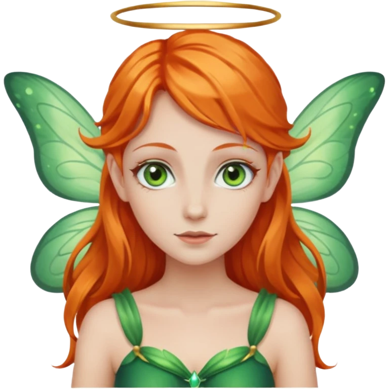 white woman, orange hair, green eyes, fairy emoji