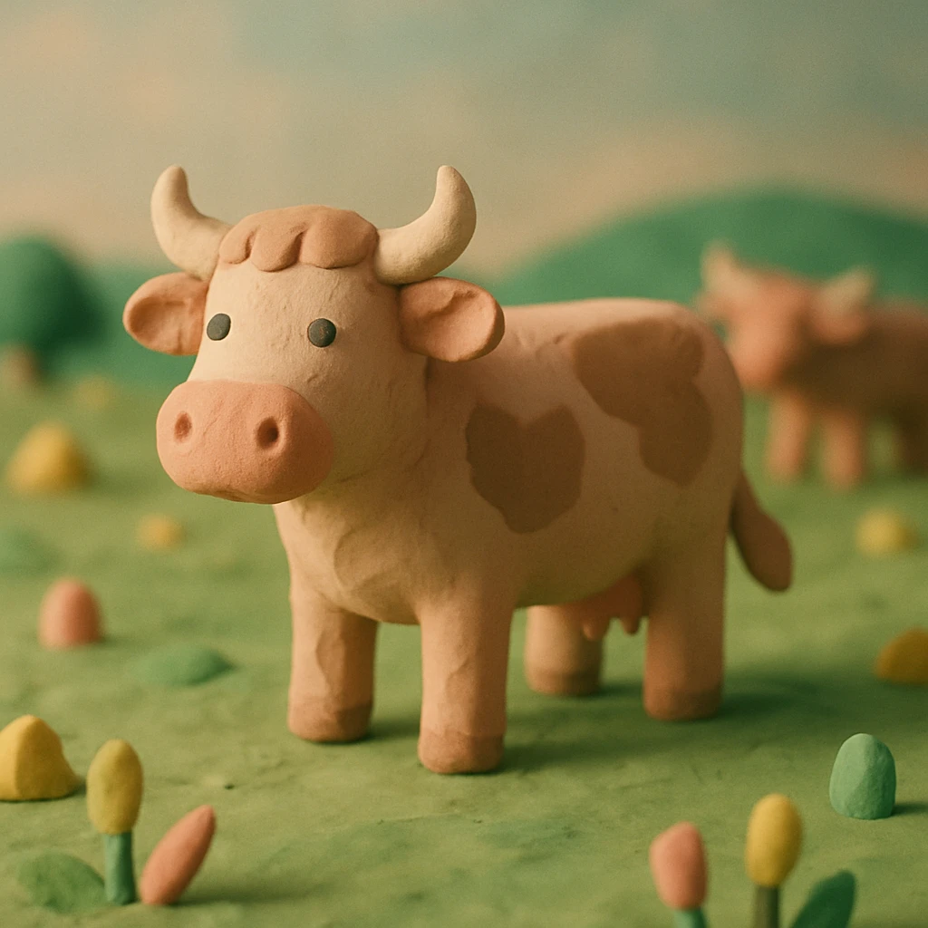 claymation style cattle standing in a field, visible fingerprints, pastel palette emoji