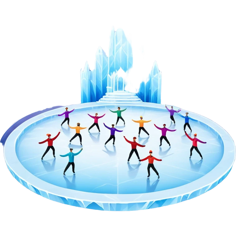 An icon of a theatrical ice show with costumed figure skaters performing a dramatic scene on a glowing ice stage. Spotlights, colorful scenery, and a cheering audience in a grand arena convey the magic and artistry of the ice performance. Transparent background included. emoji