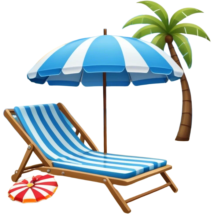 Icon for Beach Tourism: a sandy beach with a lounge chair, sun umbrella and flip-flops, ocean landscape in the background. The icon should capture the relaxation and fun of a beach vacation. Transparent background emoji