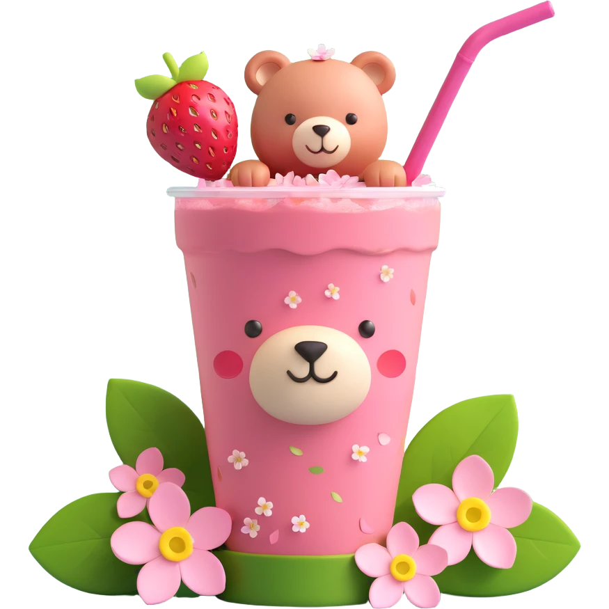 A pink strawberry drink cup with a straw, labeled "Strawbeary". The cup is adorned with cherry blossom flowers and has a cute bear peeking out from behind it. There are also strawberries with green leaves and scattered pink flower petals around the cup. emoji