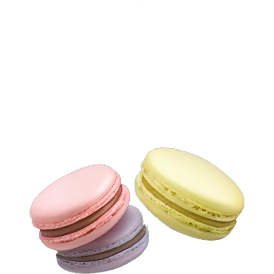 Realistic transparent plastic box with a tiffany blue ribbon and bow around the box and pastel macarons inside of it. emoji