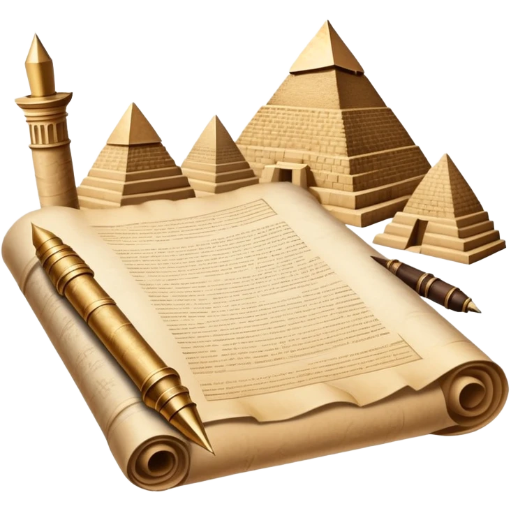 An icon showing a rolled parchment scroll, a quill pen, and ancient landmarks like pyramids and columns in the background. The design symbolizes the study of past civilizations, events, and heritage. Transparent background emphasizes the timeless exploration of human history. emoji