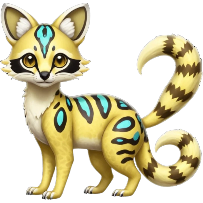 Rare realistic shiny warm-colored lush tropical exotic cute epic pretty beautiful handsome gorgeous aesthetic colorful vibrant Vernid-Protogen-Primagen-Wickerbeast-Genet-Trico-species-Fakemon-hybrid-creature by LiLaiRa, beautiful intricate markings, full body emoji