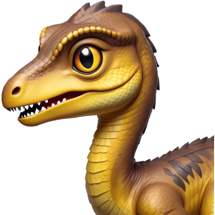 Cinematic Cute jurassic park Velociraptor Portrait Emoji, Head tilted playfully with a cheeky smirk, featuring a compact, agile form with smooth, dark scales and softened, expressive eyes that sparkle with mischievous charm, Simplified yet irresistibly adorable features, highly detailed, glowing with a warm, inviting prehistoric glow, high shine, affectionate and lively, stylized with a touch of whimsical dinosaur mischief, soft glowing outline, capturing the essence of a playful jurassic park Velociraptor that seems as if it could sprint out of the screen into your heart! emoji