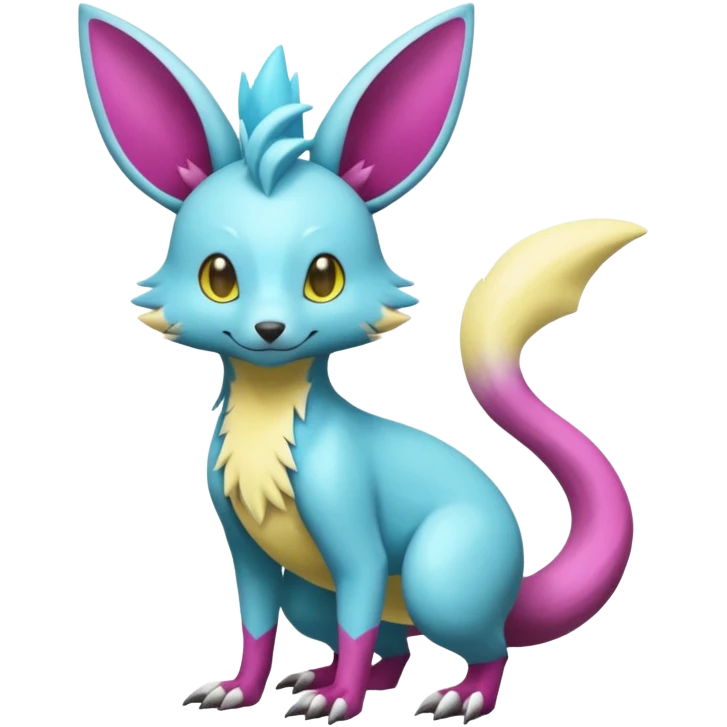 Shiny smooth silky soft Cyan-Yellowish-Magenta Minccino-Zeraora-Emolga-Vernid-Sergal-fusion-hybrid-animal-creature, full body emoji
