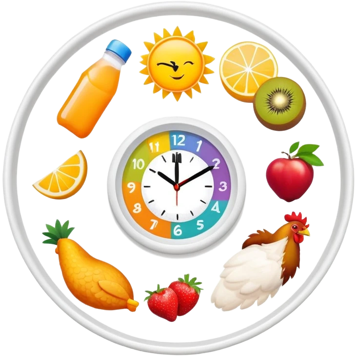 Daily fitness nutrition schedule with water bottle, sun, chicken and rice plate, gym equipment, yogurt, fruit, and sleep symbol arranged in a circle like a clock emoji