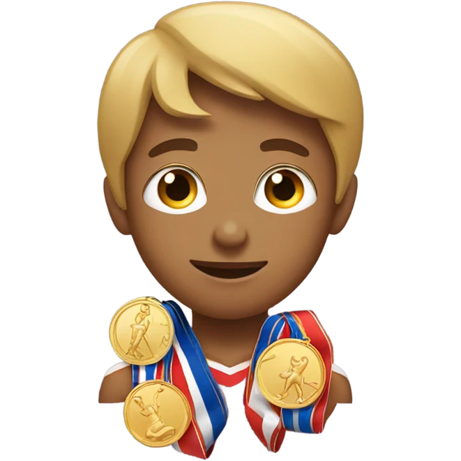 Boy with 5 of gold medals on his neck near the sailboat emoji